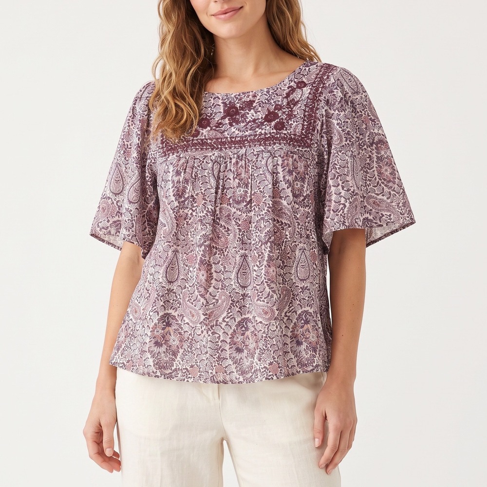 Lucky Brand Blouse Womens M Boho Paisley Purple Embroidered Flutter Excellent
